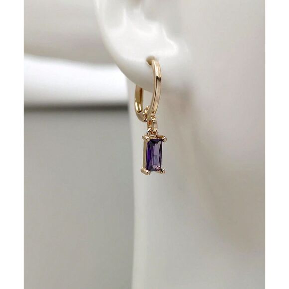 Emerald Cut Amethyst Purple Glass Drop Earrings Dangle Gold Pendant Delicate - Picture 4 of 6